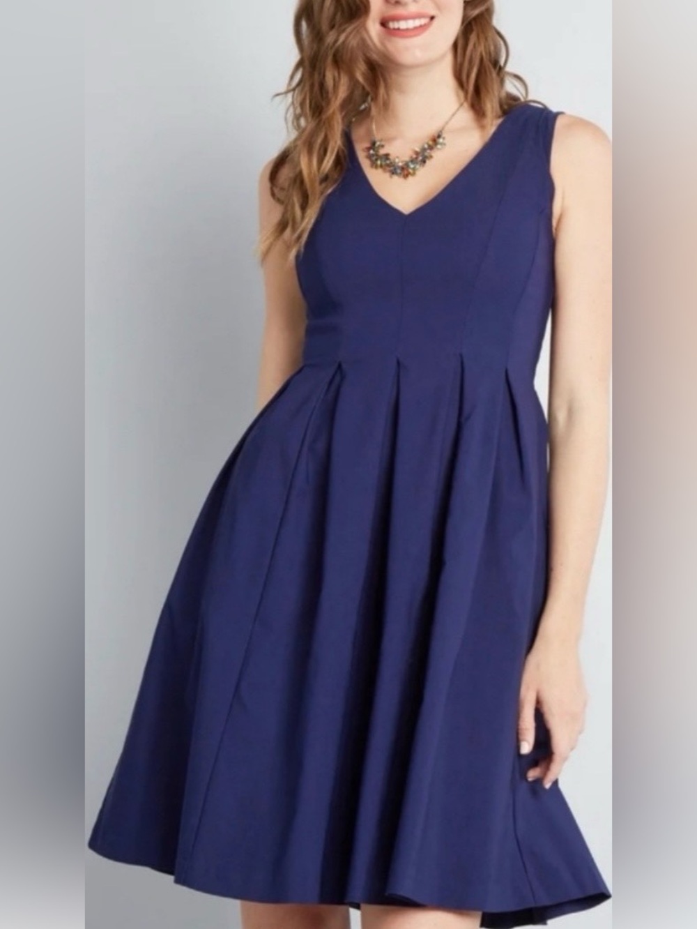 ModCloth Blue Pleated V-Neck sleeveless Dress
